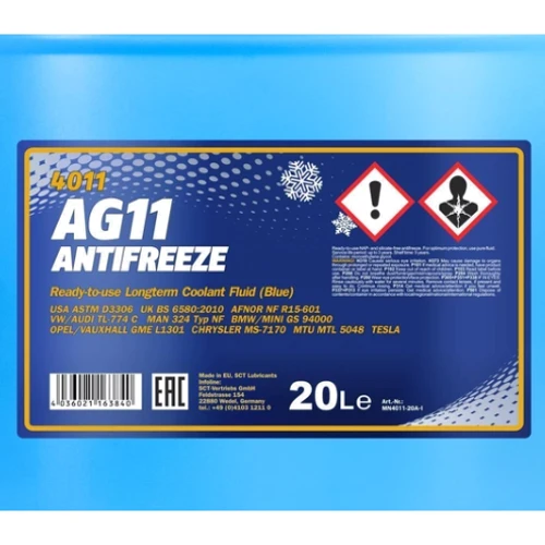 Антифриз Mannol 4011 Longterm Antifreeze AG11 -40°C 20л синий готовый раствор (MN4011-20) фото 1