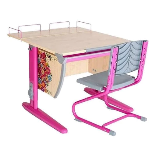 Стол универсальный трансформируемый СУТ.14-01 (75 см*88 см) + Полка задняя СУТ.14.210 + Стул СУТ.01 клен/розовый с рисунком (цветы): Возраст ребенка от 6-ти лет