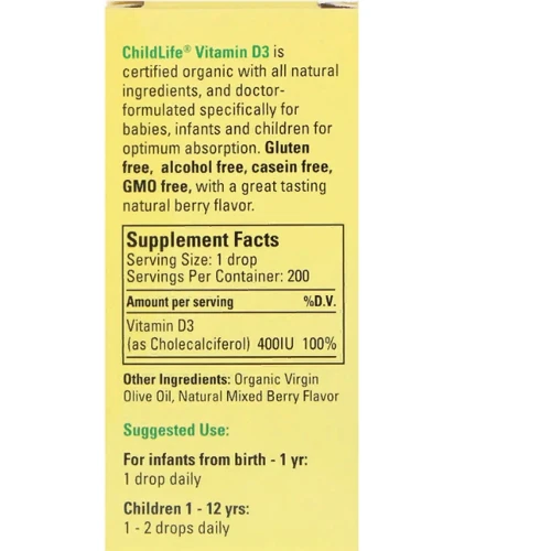 ChildLife, Organic Vitamin D3 Drops, Natural Berry Flavor, 400 IU, 0.338 fl oz (10 ml) (CDL13000): Тип Витамин D