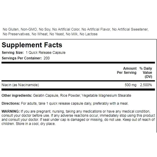 Piping Rock Niacinamide B-3 500 mg 200 Caps Ниацинамид: Тип Витамин B