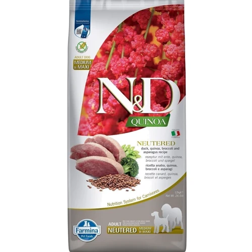 Сухой корм Farmina N&D Quinoa Duck, Brocooli & Asparagus Neutered для взрослых стерилизованных собак средних и крупных пород утка, киноа, брокколи и спаржа 12 кг 40176 (X/01/48)