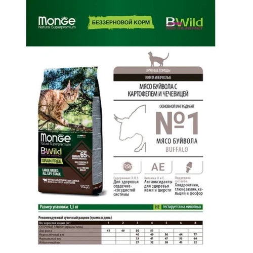 Сухой корм для котов Monge BWild Grain Free Buffalo Large Breeds All Life Stages с мясом буйвола для крупных кошек на всех стадиях жизни 1.5 кг (70012065): Основные ингредиенты Буйвол