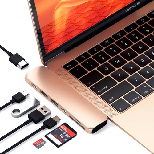 Адаптер Satechi Adapter USB-C to Dual USB-C+2xUSB3.0+micro SD+SD+HDMI Gold (ST-CMBPG) фото 4