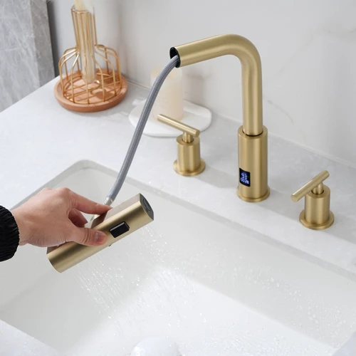 Смеситель для раковины Lefton Two-Handle Widespread Waterfall & Pull-Out Bathroom Faucet with Temperature Display-BFWS2401 Brushed Gold фото 10