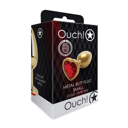 Металлическая анальная пробка Ouch! Heart Gem Gold - Ruby Red, S