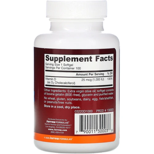 Jarrow Formulas Vitamin D3, Cholecalciferol, 25 mcg (1.000 IU), 100 Softgels (JRW30003): Тип вітамін D