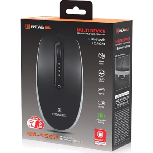 Мышь REAL-EL RM-455 W Black (EL123200047): Максимальное разрешение сенсора, dpi 2400