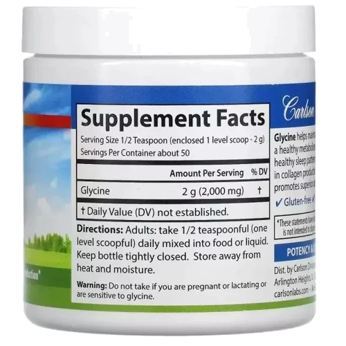 Carlson Labs Glycine Powder Безкоштовна форма Amino Acid Гліцин у порошку вільна форма амінокислоти 100 гр: Тип Глицин