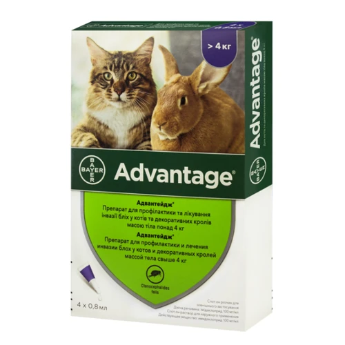 Капли от блох и клещей Bayer/Elanco Advantage 80 для кошек и кроликов от 4 до 8 кг (4 пипетки)