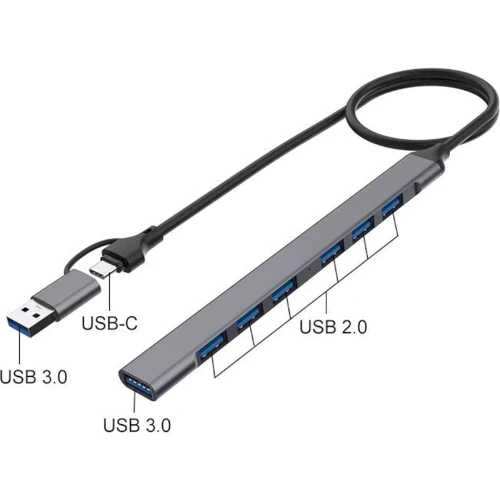 Адаптер XOKO Adapter USB-C+USB to 7xUSB3.0 (XK-AC-700m-SL): Колір серебристый