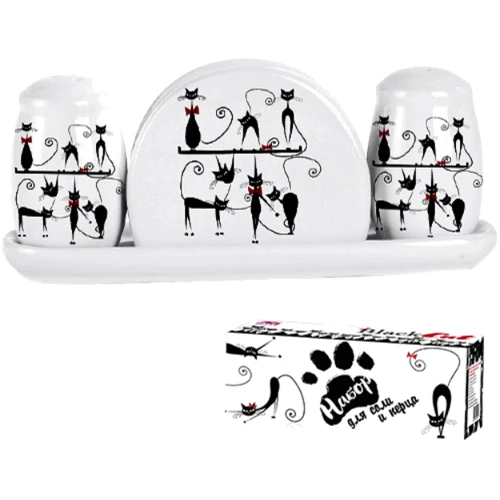 Набір для спецій S&T "Чорна кішка" з серветницею на керамічній підставці (6912-12): Тип Набір для солі та перцю