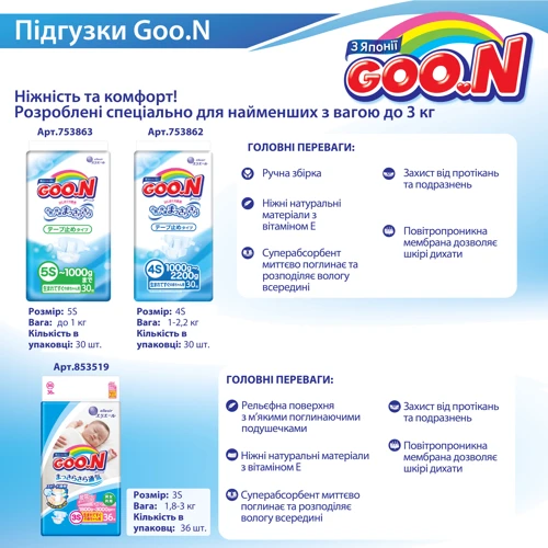 Підгузки GOO.N для маловесних новонароджених до 1 кг (р. SSSSS, плоскі, унісекс, 30 шт) (753864): Стать дитини унісекс