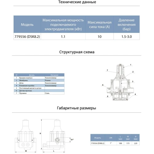 Контроллер давления электронный 1.1кВт Ø1" Aquatica (779556)