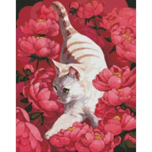 Алмазна мозаїка Ідейка Котик у півонії 40х50см (AMO7258)