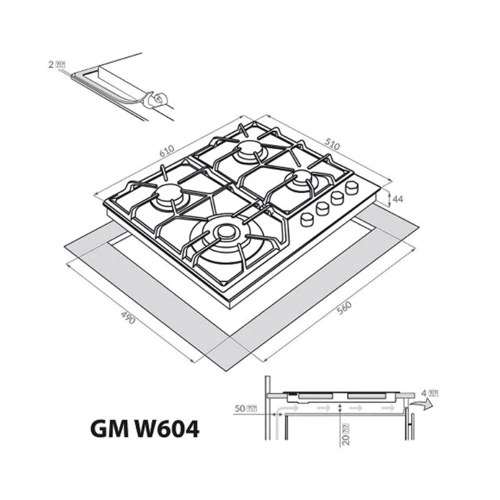 Варочная поверхность газовая Weilor GM W604 SS: Расположение панели спереди