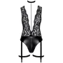 Боди Noir Handmade F297 Libido Deep-V bodysuit with collar, pearl chain and garter Black, S