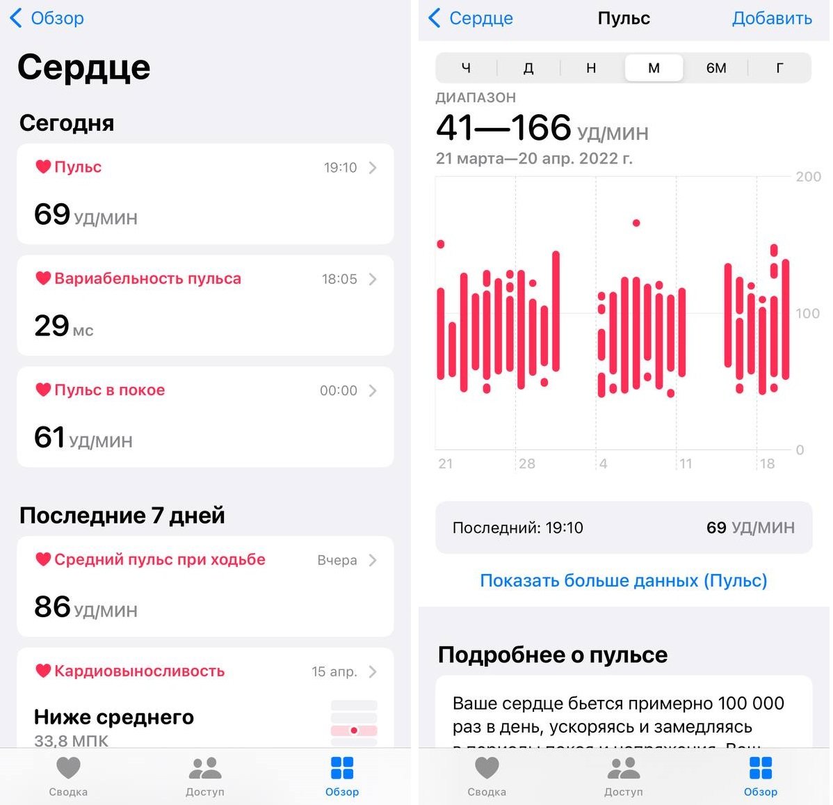 Показатели пульса на Айфоне
